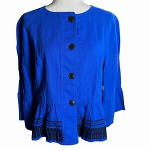 Ann Taylor Womens Linen Blend M Jacket Top Embroidered Blue Career Feminine NWT